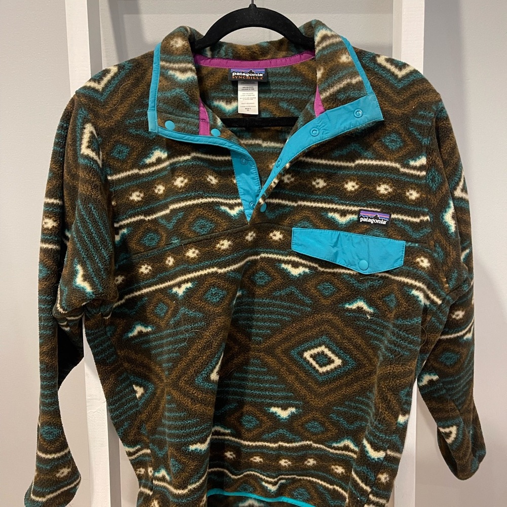 Patagonia Brown and Blue Zip Up Sweater with Geometric Pattern